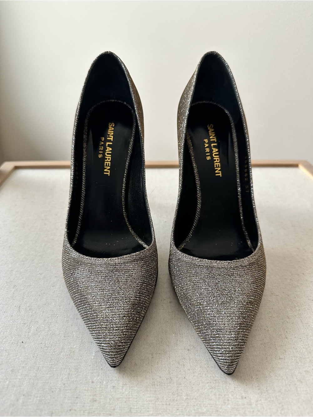 Saint Laurent Paris 105 Pump YSL Galassia Glitter Ciad Silver Sz 37 Heels w/ Box